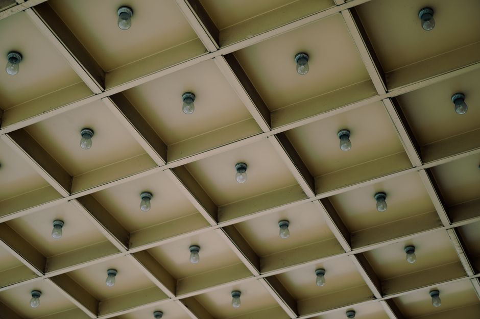 Custom coffered ceiling with recessed lighting
