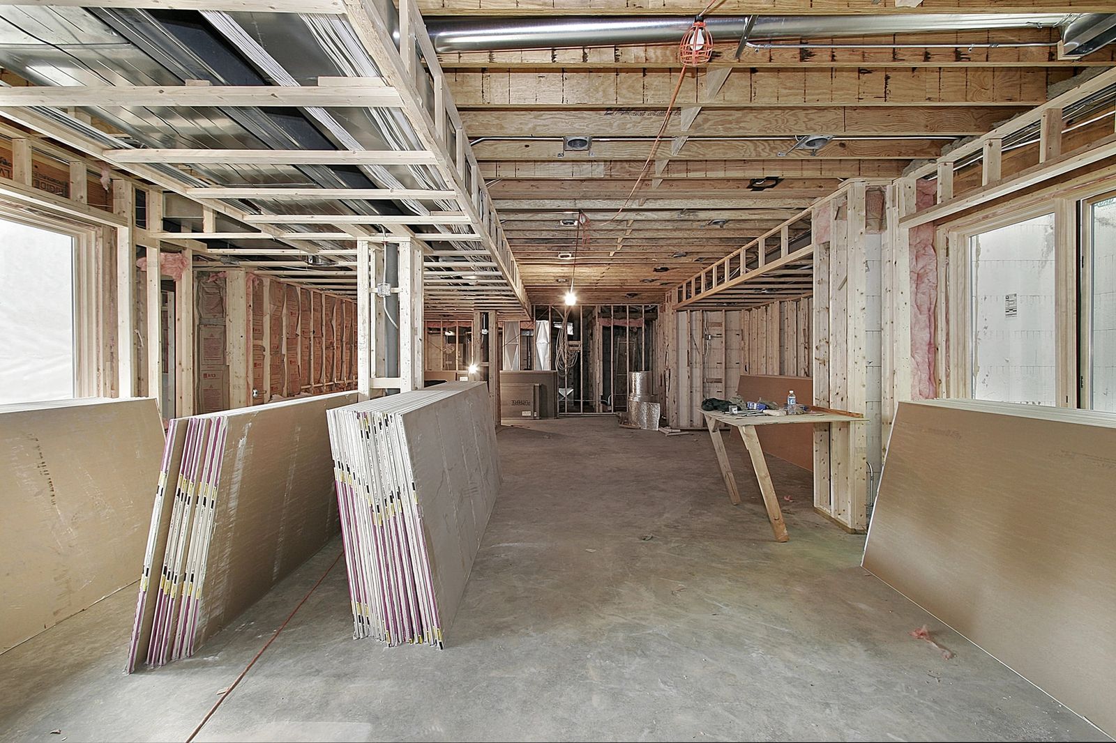 Framed commercial corridor ready for drywall
