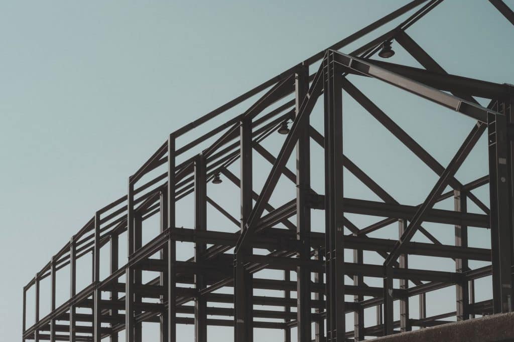 Steel structural framework used in commercial building construction